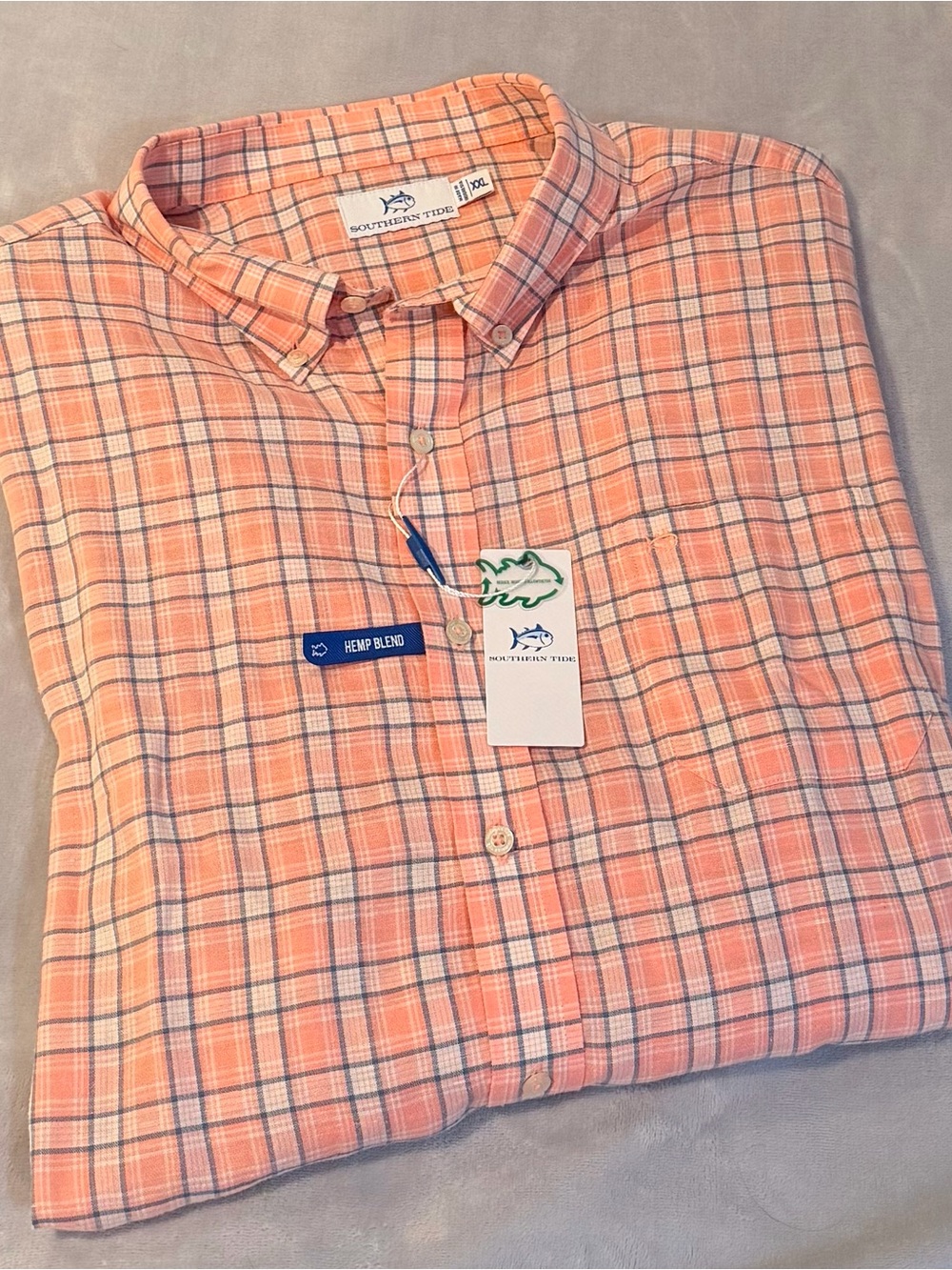 Southern Tide Peach and White Plaid Hemp-Blend Button-Down